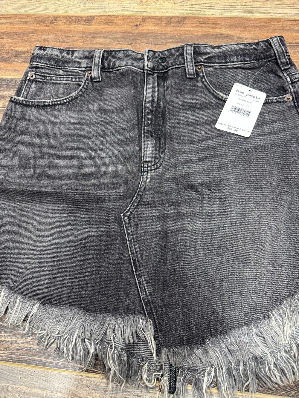 Free People Black Washed Denim Frayed Maverick Skirt